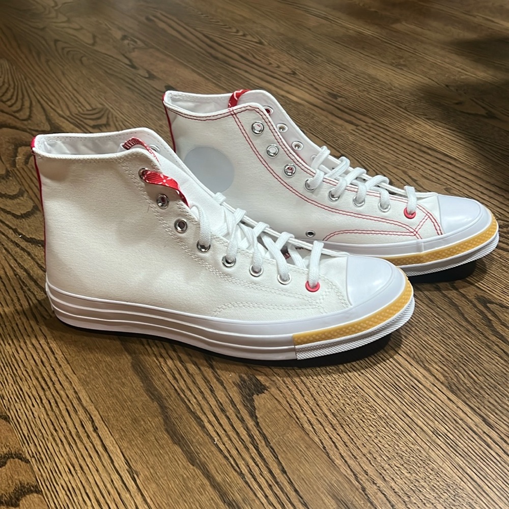 White High-Top Sneakers with Red Accents